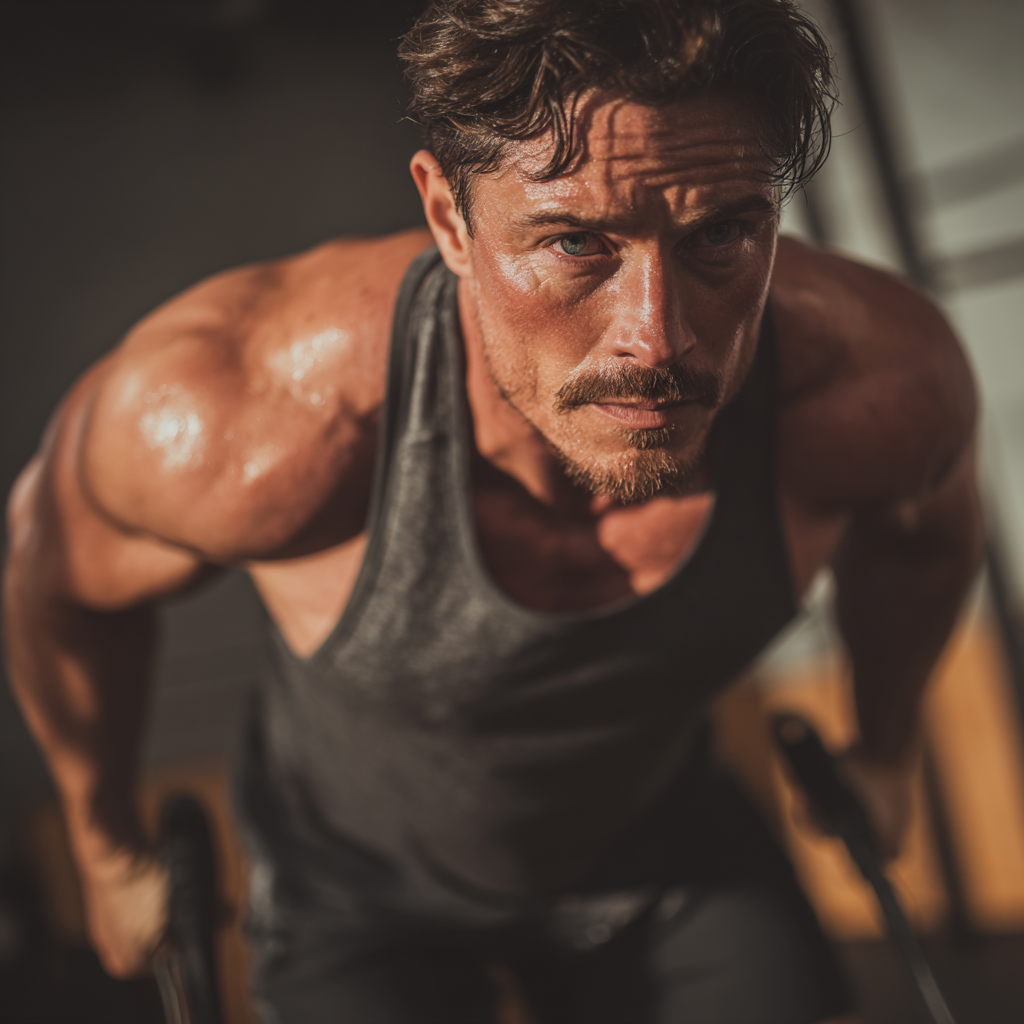 Athletic man in training gear performing strength exercises with focus and determination