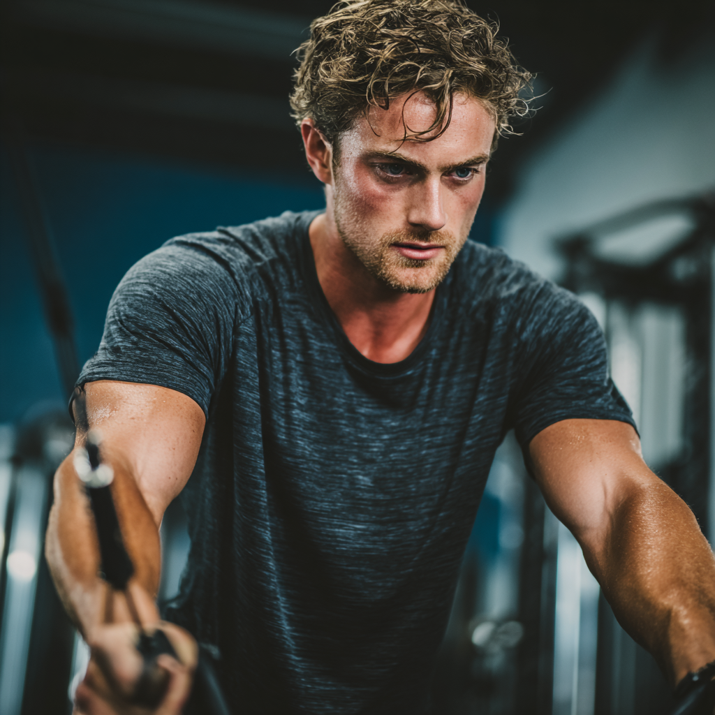 Strong confident man working out in modern gym with determination